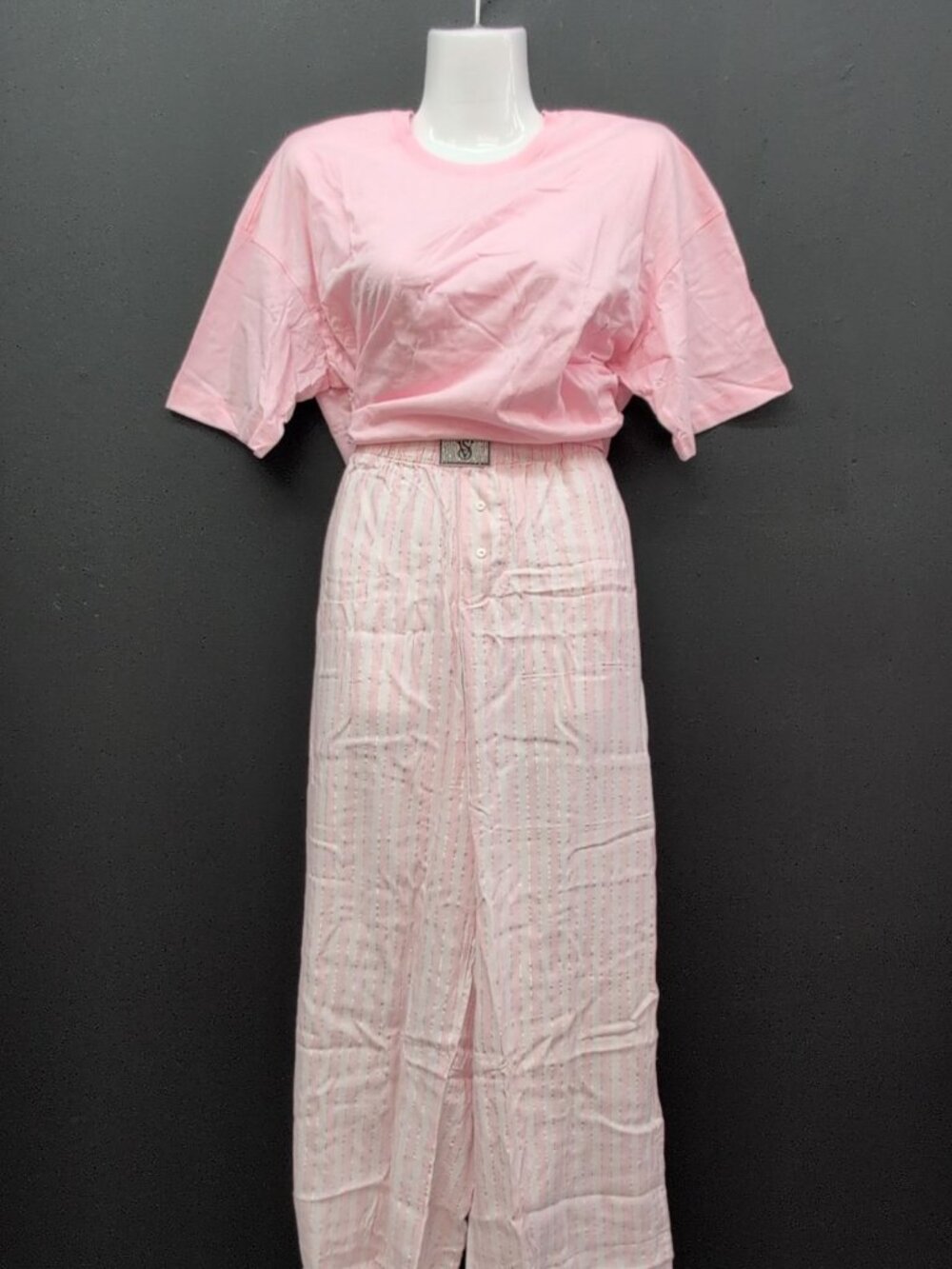 Victoria Secret Iconic Stripe Short Sleeve Long Flannel Pajama Set Medium Pink